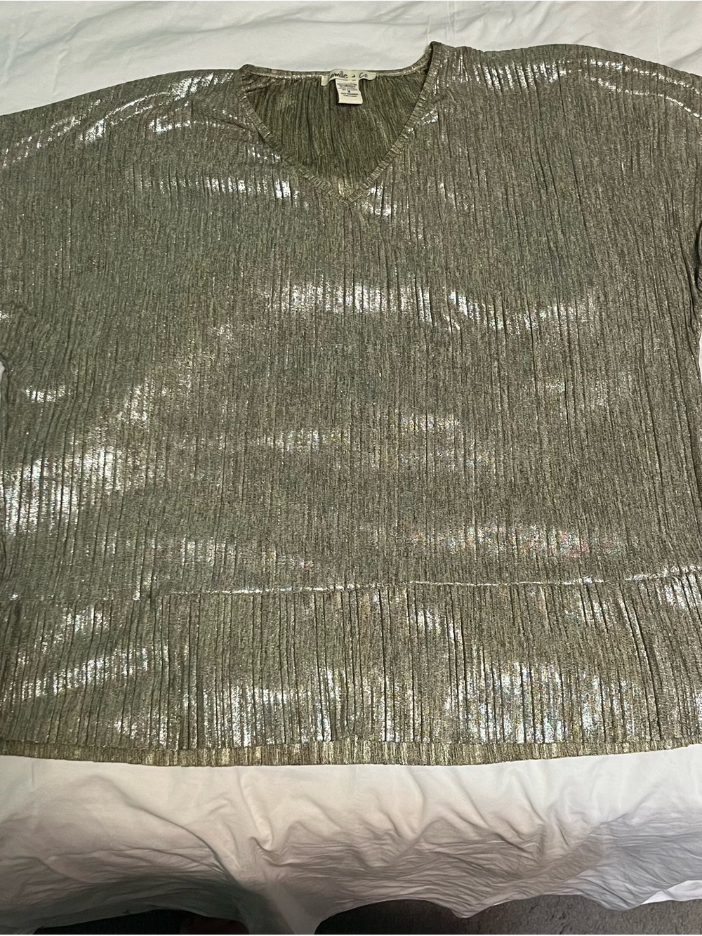 Camille & Co. Metallic Pleated Silver V-Neck Women's Pullover